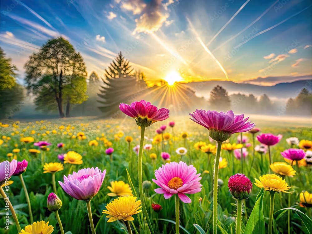 Obraz premium Vibrant pink and yellow flowers bloom in a lush green meadow, surrounded by warm sunlight and gentle morning mist, welcoming the new month of April.