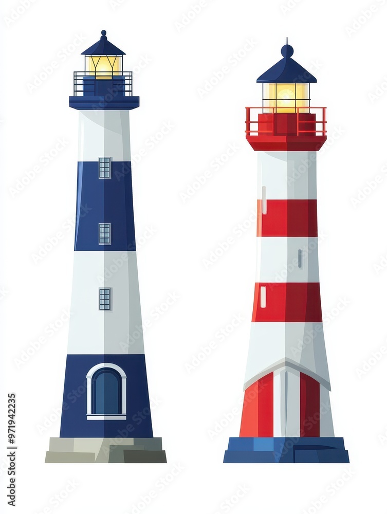Two lighthouses with a blue and white base and a red and white top Two lighthouses with a blue and white base and a red and white top