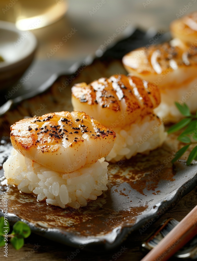 Seared Hotate nigiri sushi on rice, ceramic plate, traditional Japanese cuisine with light background Seared Hotate nigiri sushi on rice, ceramic plate, traditional Japanese cuisine with light background