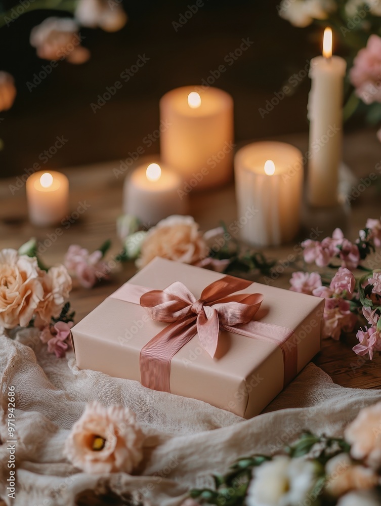A box with a pink ribbon sits on a table with candles and flowers A box with a pink ribbon sits on a table with candles and flowers