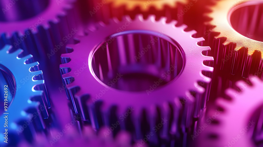 Close-up of Interlocking Metallic Gears Rotating Seamlessly in a Colorful Abstract Background Animation