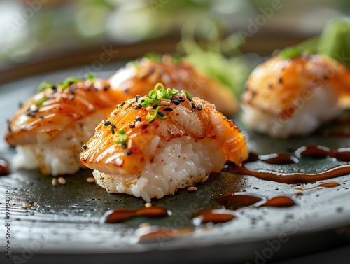 Traditional Japanese surf clam Nigiri, Hokkigai sushi on rice, close up photo with dark background photo