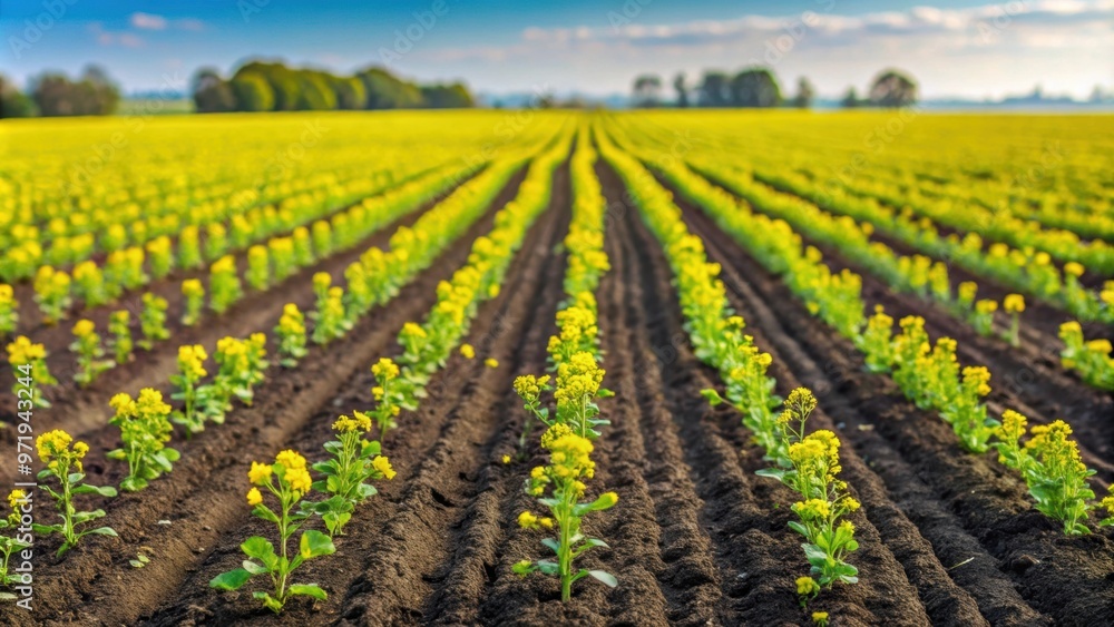 Rows of vibrant canola seedlings in a field during second growth after rain, canola, seedlings, field, growth, emergence, agriculture Rows of vibrant canola seedlings in a field during second growth after rain, canola, seedlings, field, growth, emergence, agriculture