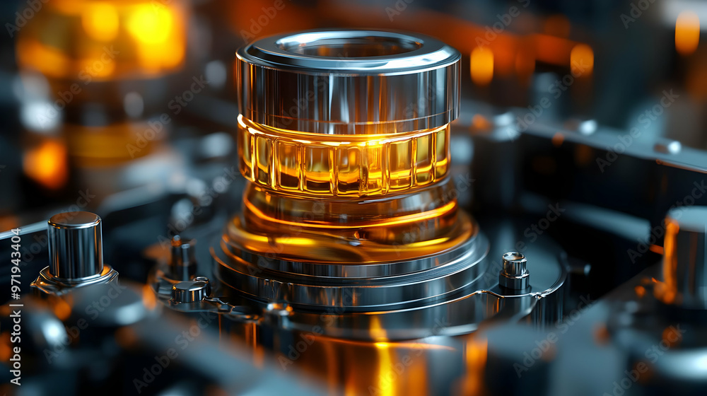 Closeup of a Shiny, Chrome-Plated Gear Mechanism with Gold Liquid in a Glass Container, Abstract Background Animation Closeup of a Shiny, Chrome-Plated Gear Mechanism with Gold Liquid in a Glass Container, Abstract Background Animation