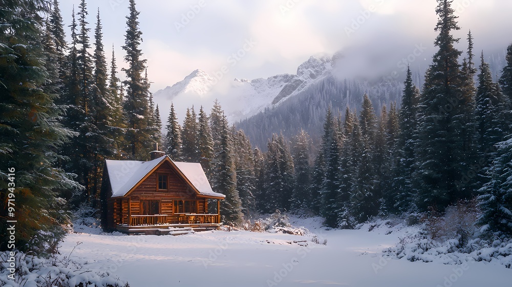 Cozy log cabin in a serene snowy forest landscape. Cozy log cabin in a serene snowy forest landscape.