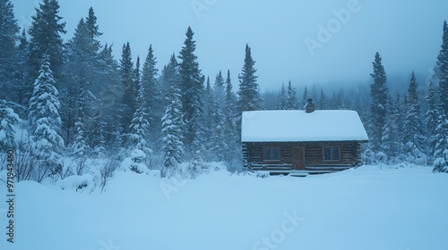 Wallpaper Mural A serene winter scene featuring a cozy log cabin surrounded by dense, snow-covered pine trees. Torontodigital.ca