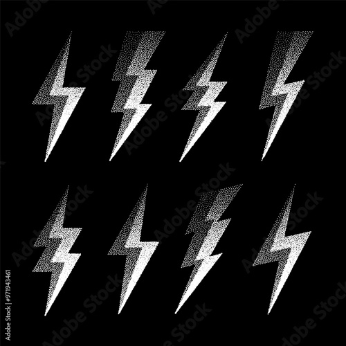 Lightning bolt icons collection. Dotted flash symbol, thunderbolt. Simple stipple lightning strike sign. Dot shading, drawing. Vector illustration