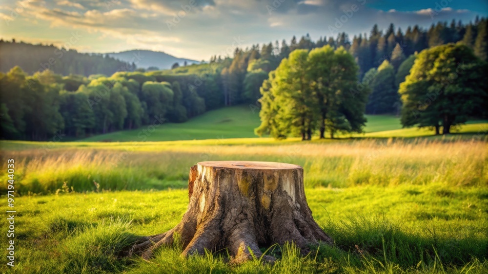 Tree stump on grassy meadow with afforested landscape in background, tree stump, grass, meadow, afforested, landscape Tree stump on grassy meadow with afforested landscape in background, tree stump, grass, meadow, afforested, landscape