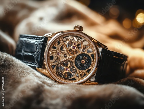 Luxurious tourbillon watch on a velvet cushion photo