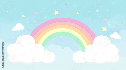 Pastel Rainbow with Clouds and Stars in a Blue Sky