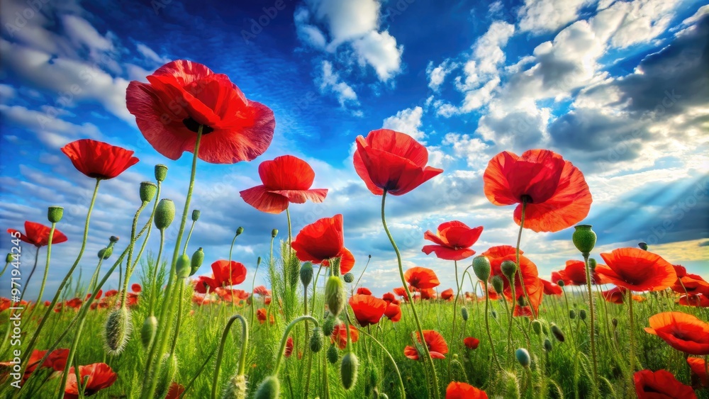 Obraz premium Vibrant red poppy flowers sway gently in a lush green field, their delicate petals unfolding like silk against a bright blue sky with wispy clouds.