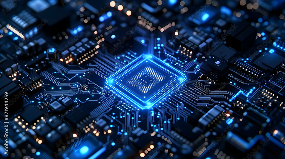 Close-up View of a Circuit Board with a Glowing Blue Processor in the Center Close-up View of a Circuit Board with a Glowing Blue Processor in the Center