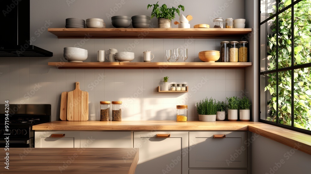 Modern Kitchen Interior with Wooden Shelves, Potted Plants, and Sunlight Through Large Window Modern Kitchen Interior with Wooden Shelves, Potted Plants, and Sunlight Through Large Window