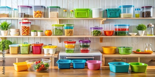 Wallpaper Mural Vibrant of a functional kitchen with Tupperware , colorful, organized, storage, containers, kitchen, utensils, cookware, bright Torontodigital.ca