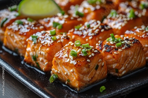 A plate of salmon with lime slices and sesame seeds