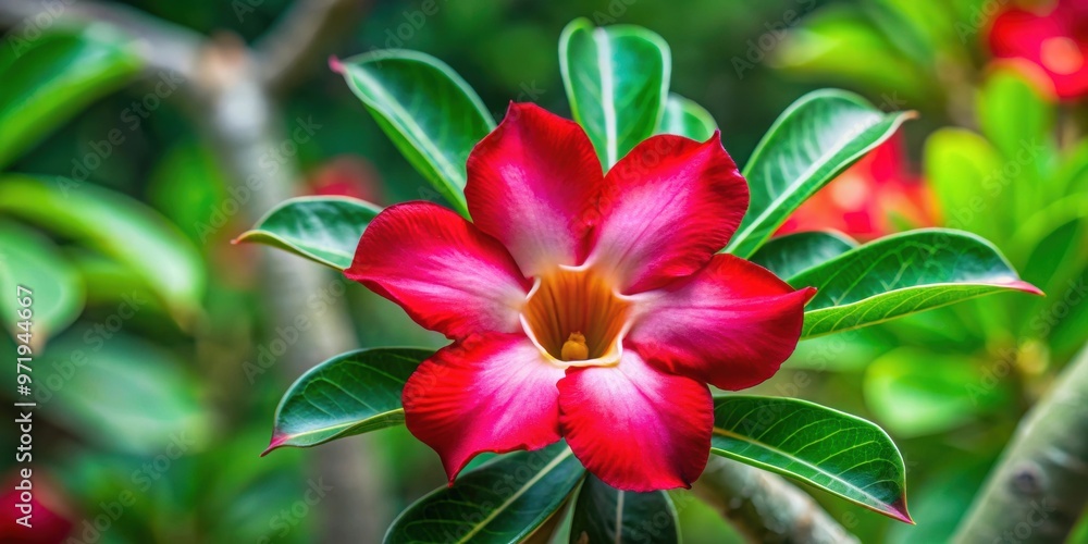Vibrant red Adenium flower with green foliage , Beautiful, bright, colorful, tropical, garden, bloom, plant, nature, petal Vibrant red Adenium flower with green foliage , Beautiful, bright, colorful, tropical, garden, bloom, plant, nature, petal
