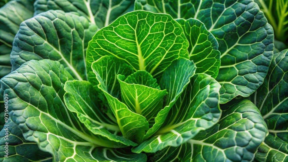 Detailed close-up of fresh collard green leaves, ideal for themes related to agriculture Detailed close-up of fresh collard green leaves, ideal for themes related to agriculture