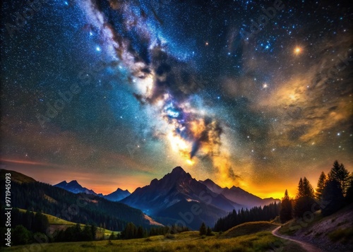 Vibrant, star-studded Milky Way galaxy stretches across a dark, serene night sky, above a tranquil, silhouetted mountain landscape, under a faint, lunar glow.