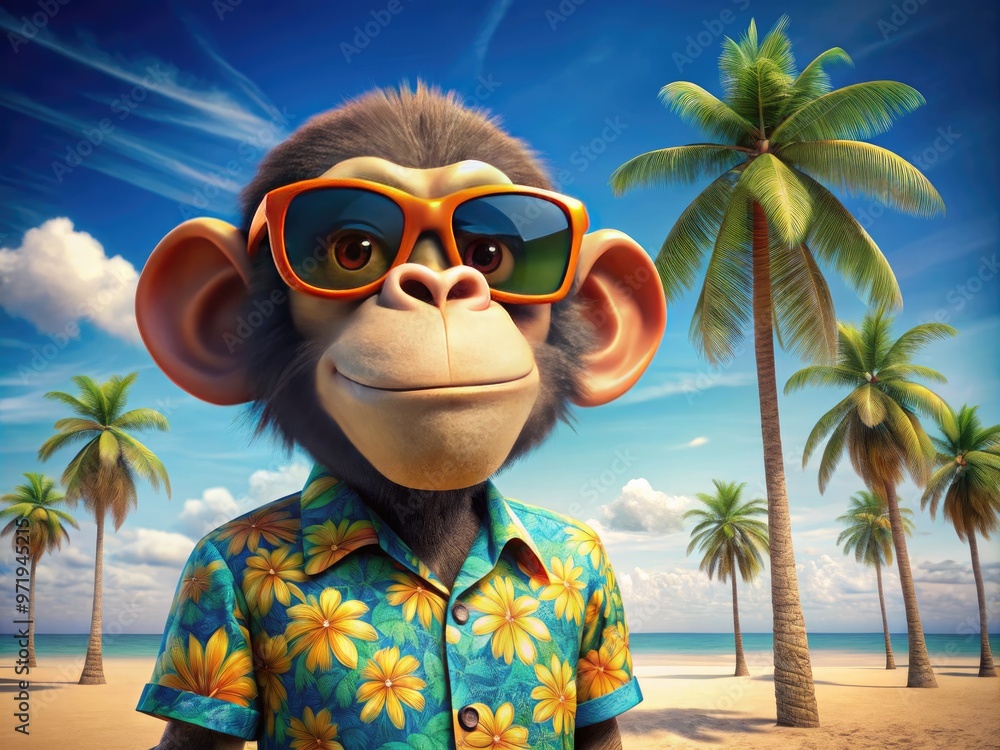 Photo Art Print Vibrant stylized 3D cartoon monkey wearing sunglasses and a Hawaiian shirt standing on a colorful beach with palm trees and a bright blue sky Four888