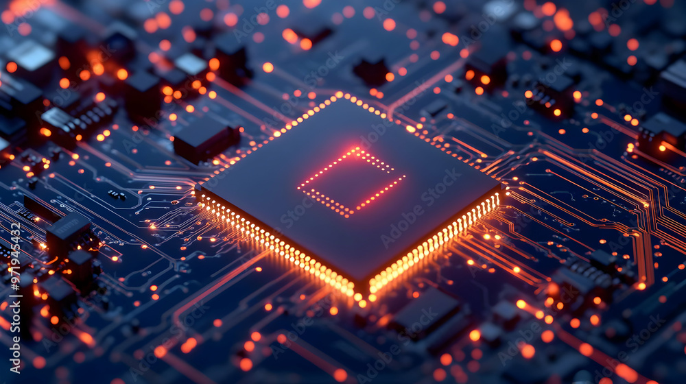 Circuit Board with Glowing Processor Close Up Abstract Technology Background Circuit Board with Glowing Processor Close Up Abstract Technology Background