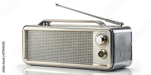 Classic silver portable radio with extended antenna , technology, vintage, music, retro, old-fashioned, entertainment