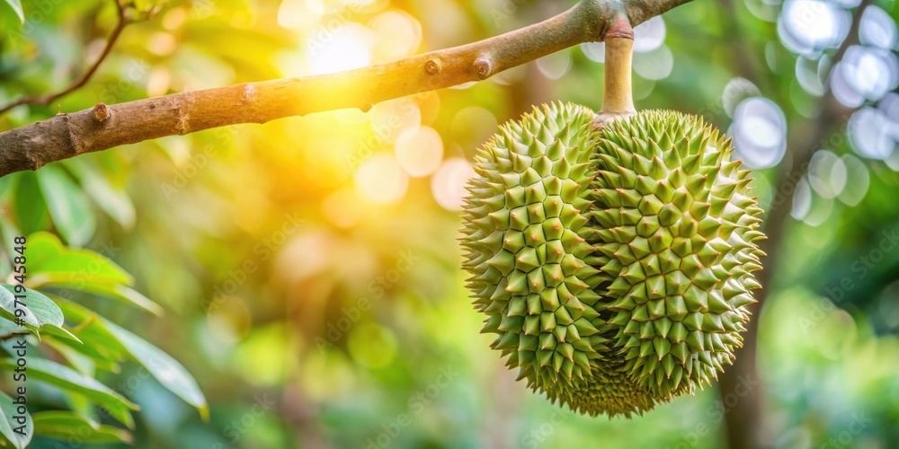 Close up of ripe Durian fruit hanging on tree branch, Durian, fruit, tropical, exotic, spiky, thorny, smelly Close up of ripe Durian fruit hanging on tree branch, Durian, fruit, tropical, exotic, spiky, thorny, smelly