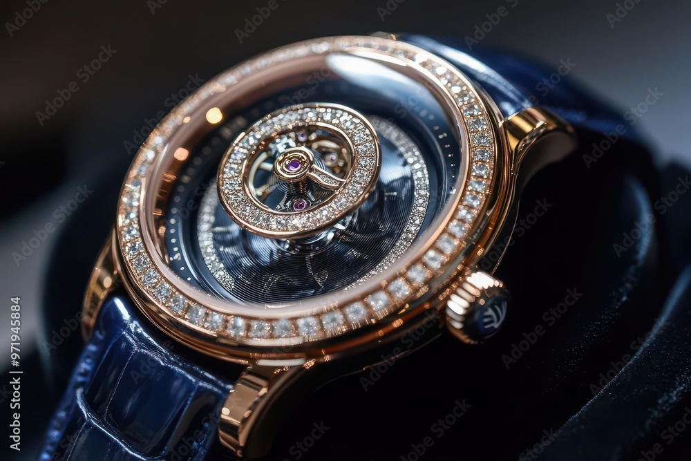 Tourbillon watch with diamondencrusted bezel, sleek rose gold case, and deep blue alligator strap, elegantly placed on black velvet for luxury appeal Tourbillon watch with diamondencrusted bezel, sleek rose gold case, and deep blue alligator strap, elegantly placed on black velvet for luxury appeal