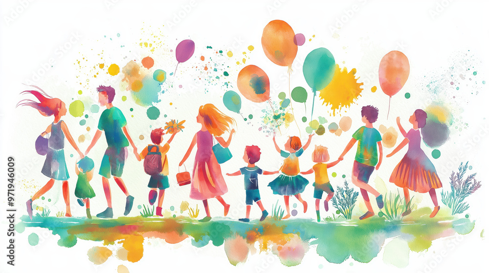 A colorful celebration scene depicting a joyful group of people holding balloons and enjoying a festive atmosphere together. A colorful celebration scene depicting a joyful group of people holding balloons and enjoying a festive atmosphere together.