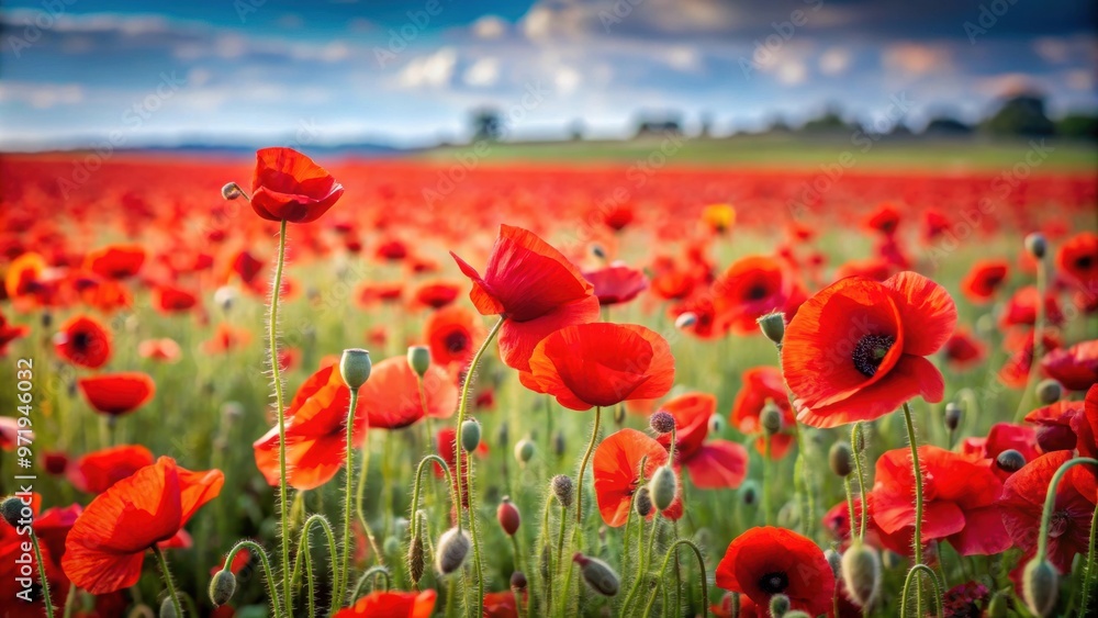 Naklejka premium of a vibrant poppy field in red and black colors, poppy, field, flowers, vibrant,nature, spring, bloom, petals, meadow, red