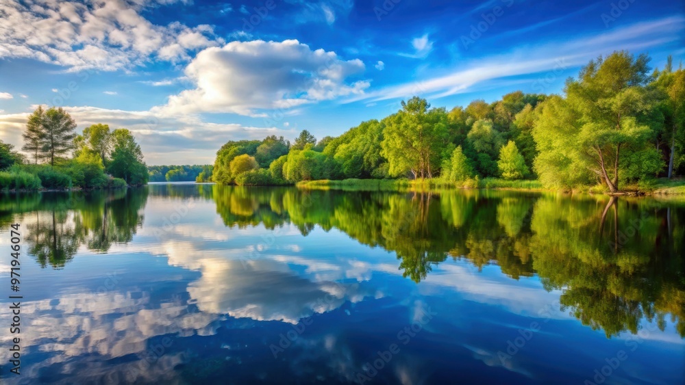 Fototapeta premium Serene reflection of trees and sky in tranquil lake surrounded by nature in summer, reflection, trees, sky, lake, tranquil