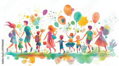 A colorful celebration scene depicting a joyful group of people holding balloons and enjoying a festive atmosphere together.