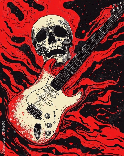 A striking illustration of a skull and electric guitar with vibrant red swirls. photo