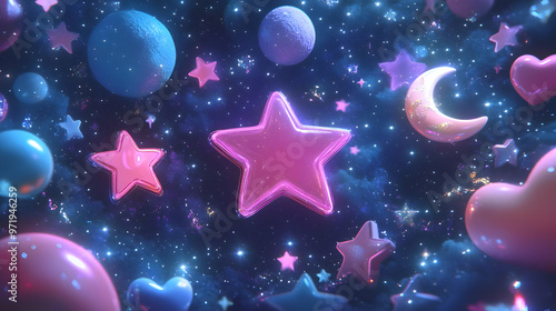 Floating Stars, Moons, and Hearts in a Cosmic Galaxy Background Animation