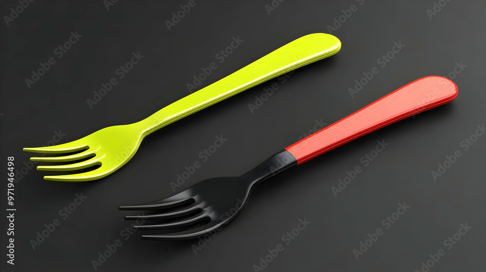 Black and Yellow Plastic Forks on a Black Background: A Simple and Colorful Design Black and Yellow Plastic Forks on a Black Background: A Simple and Colorful Design