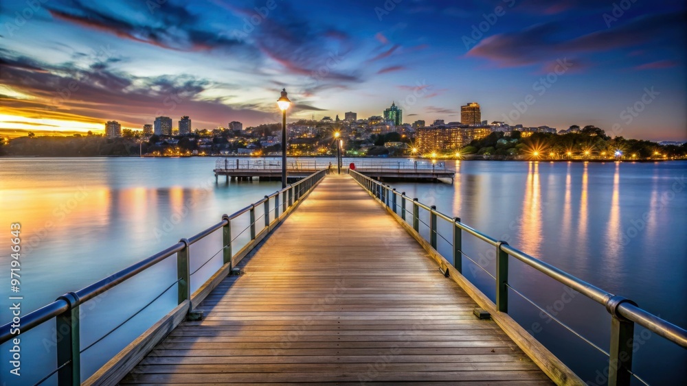 Fototapeta premium Evening view of a pier in Glebe, Sydney , Sydney, Australia, pier, evening, water, reflection, cityscape, skyline, twilight