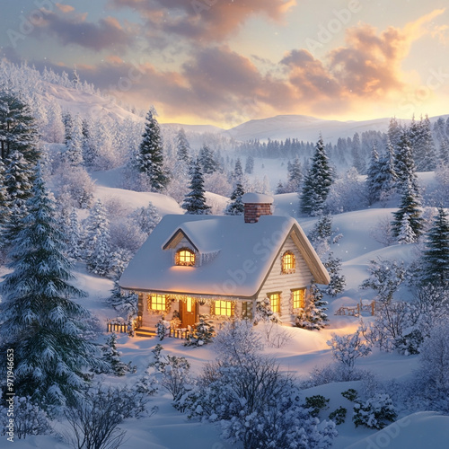 Snow-Covered Cottage in a beautiful Winter landscape