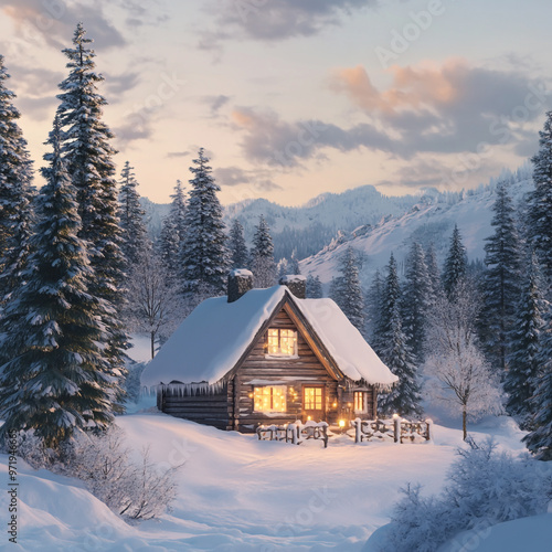 Snow-Covered Cottage in a beautiful Winter landscape