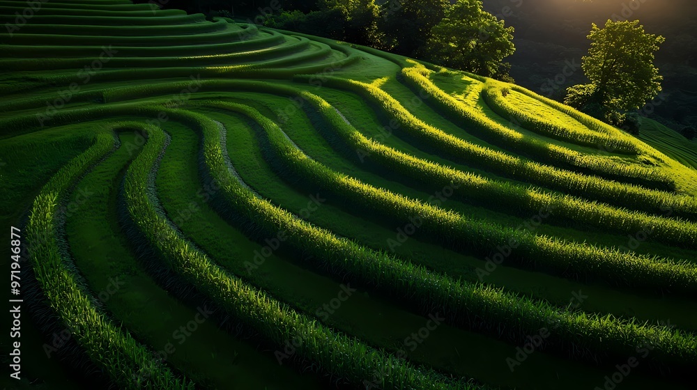 Lush green rice terraces with flowing patterns at sunset. Lush green rice terraces with flowing patterns at sunset.
