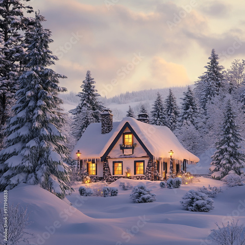 Snow-Covered Cottage in a beautiful Winter landscape