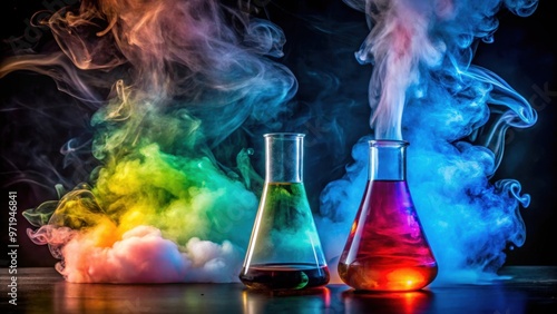 Colorful chemistry experiment with smoke in test tube and glass bottle, chemistry, experiment, colorful, smoke