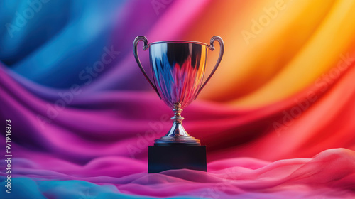 Elegant trophy displayed prominently on lively colorful background, symbolizing achievement and celebration..