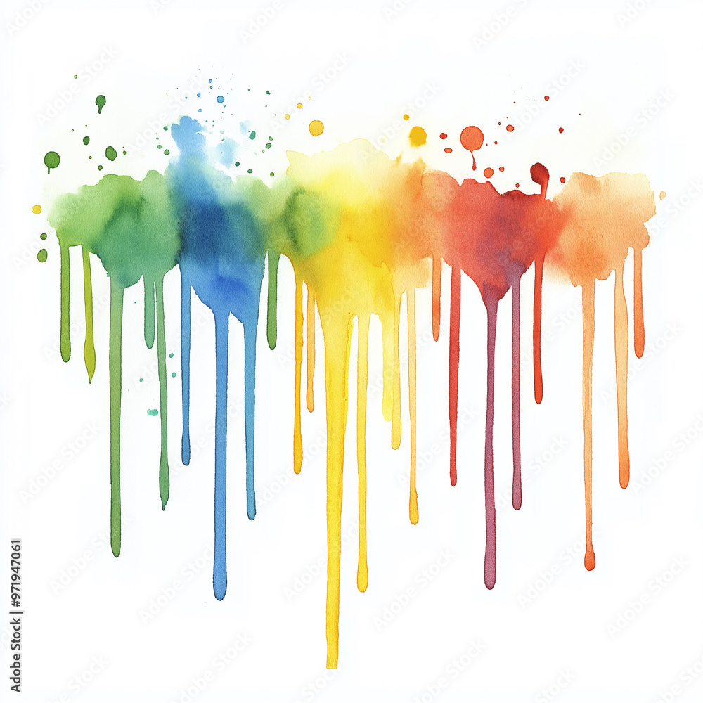 Fototapeta premium Watercolor Colorful Illustration Artwork Stain Drips. Rainbow colors of paint dripping on white background. Abstract watercolor flow down hand painted background