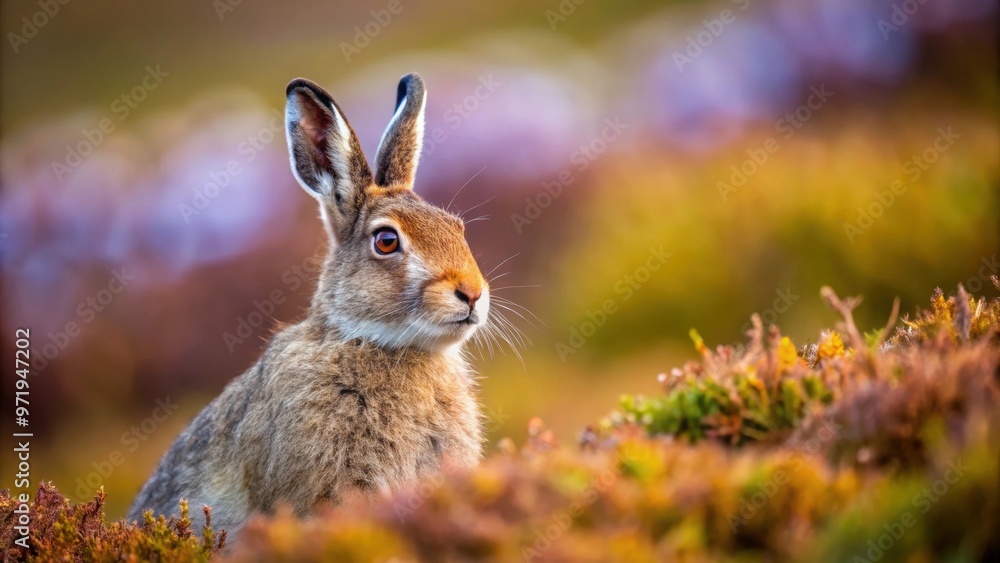 Fototapeta premium Shallow focus shot of a Mountain Hare in Glenshee, Scotland, UK , Mountain Hare, wildlife, field, Glenshee, Scotland, UK, nature, animal