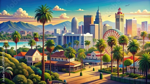 Vibrant, stylized illustration of Los Angeles' iconic landmarks and neighborhoods, including Hollywood, Beverly Hills, and Santa Monica Pier, surrounded by palm trees and sunny skies.