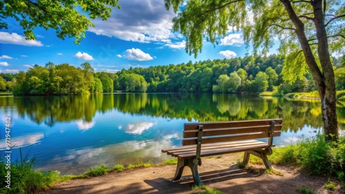 Fototapeta Naklejka Na Ścianę i Meble -  Wooden bench overlooking serene lake and blue sky surrounded by lush green trees, bench, wood, lake, blue sky, trees
