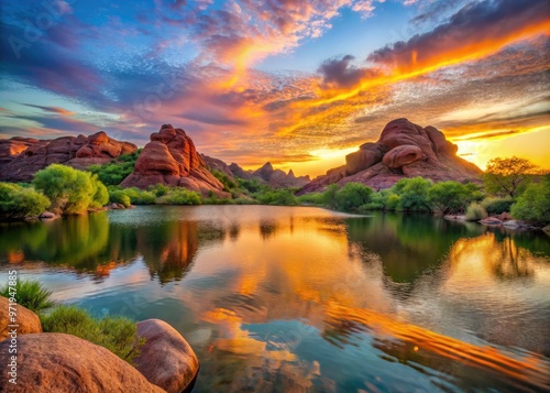 Vibrant sunset casts a warm glow on the rustic red rock formations and serene lake waters of Papago Park in Tempe, Arizona's outdoor oasis. photo