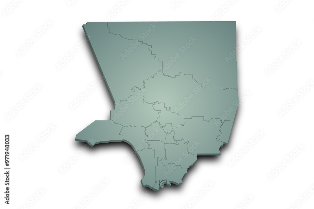 3d Map of Los Angeles County with regions and color. California, United State of America, US, United State 3d Map of Los Angeles County with regions and color. California, United State of America, US, United State