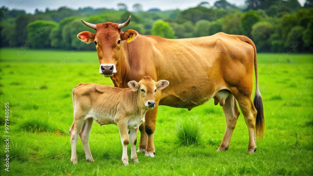 Cow and calf standing together in a lush green farm field, with the calf feeding from the cow, livestock, animals, farm Cow and calf standing together in a lush green farm field, with the calf feeding from the cow, livestock, animals, farm