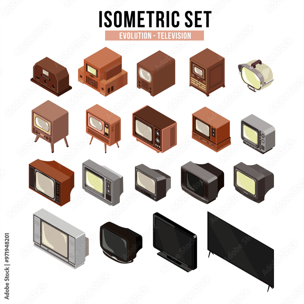 Isometric design set of Television Evolution, from retro to modern era, from tube screen to flat screen, with natural color scheme.
Isometric design set of Television Evolution, from retro to modern era, from tube screen to flat screen, with natural color scheme.
