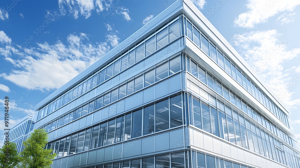 Modern Glass Office Building Against a Blue Sky Modern Glass Office Building Against a Blue Sky